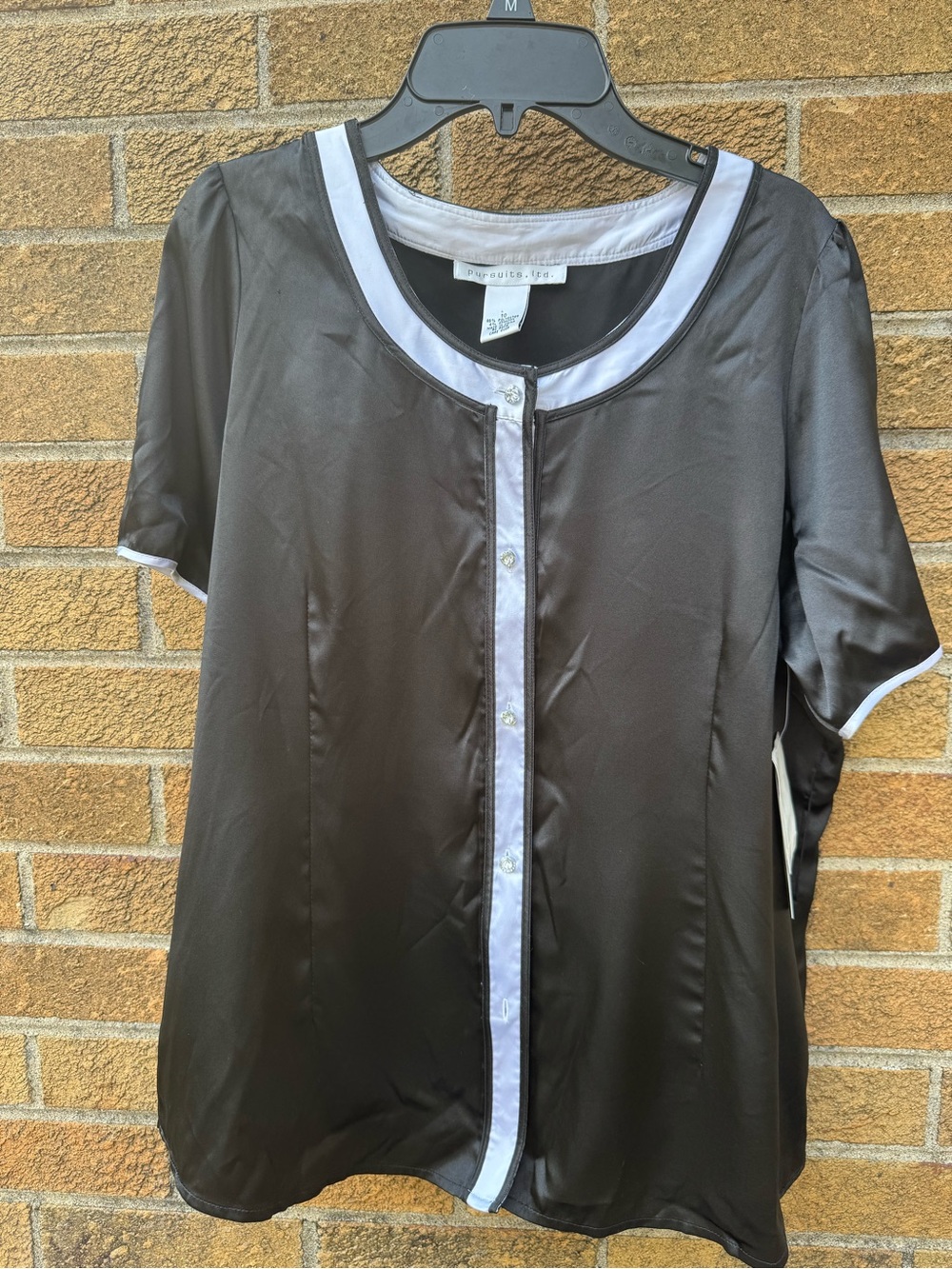 Black Satin Short-Sleeve Blouse with White Trim